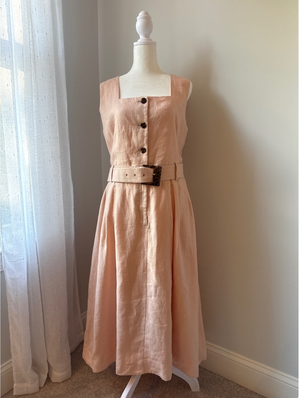 Lafayette 148 New York Peach Linen Belted Midi Dress